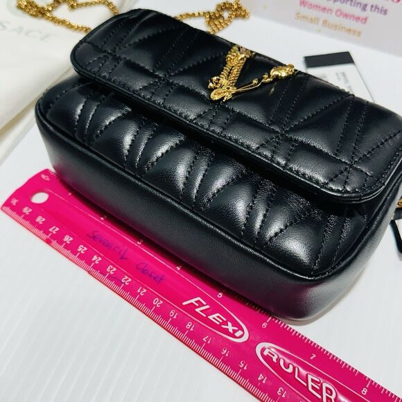 NWT Versace Virtus Mini Black Quilted Leather Crossbody Bag with Gold Chain - Picture 11 of 15